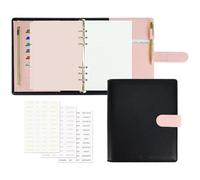 Koqye Couverture de classeur en cuir A5 - Organiseur rechargeable à 6 anneaux avec papier de recharge, intercalaires, stylo doré et 3 autocollants, couverture de carnet de voyage en cuir (noir et rose