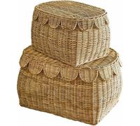 Korb Korb 2 pièces, modèle Glyndon, bordure délicatement ondulée, avec couvercle, empilable, idéal pour le rangement dans la chambre d'enfant, organisateur, en rotin et en fer, couleur marron