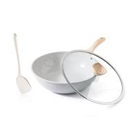 Kordisen Ceramic Wok 30 cm, Wok à induction avec Couvercle, Anti-adhésif Revêtement, Compatible avec tous les poêles, Sans PFOA et PFAS（Gris）