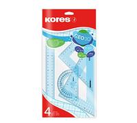 Kores - Geo30 : coffret de mathématiques à 4 pièces pour enfants et étudiants, coffret de géométrie en plastique avec règle, rapporteur et équerre, fournitures scolaires, coffret de couleurs assorties