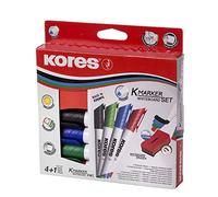 Kores - K-Marker XW1 : Marqueurs de Couleur pour Tableau Blanc à Pointe Ronde, Effaçable à Sec et à Encre à Faible Odeur, Paquet de 4 Couleurs Assorties + 1 Effaceur Magnétique