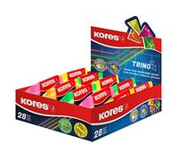 Kores - Trino : Gomme Triangulaire Colorée en PVC avec Pochette en Papier pour Enfants, Étudiants et Adultes, Non Toxique et Adaptée aux Enfants, 60 x 20 x 18mm, Paquet de 28 en 4 Couleurs Fluo