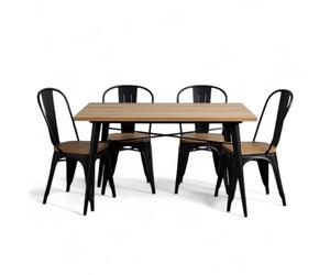 Kosmi Ensemble Table et Chaises Style Industriel, Métal Noir Mat et Bois Naturel, 60x60 à 160x80 cm, Design Factory, pour Salle à Manger et Restaurant (Bois Clair, Table 120x80cm)