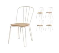 Kosmi Lot de 4 chaises en métal Blanc Mat Style Industriel et Assise en Bois Clair - Pieds en épingle