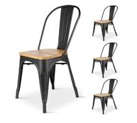 Kosmi - Lot de 4 chaises en métal Noir Mat et Assise en Bois Clair - Style Industriel