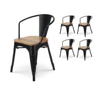 Lot de 4 chaises en métal noir mat style industriel avec assise en bois clair - Avec accoudoirs