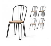 Kosmi Lot de 4 chaises en métal Noir Mat Style Industriel et Assise en Bois Clair - Pieds en épingle