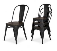 Kosmi - Lot de 4 chaises en métal Noir Mat avec Assise en Bois foncé - Style Industriel