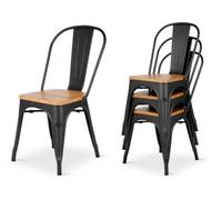 Kosmi Lot de 4 Chaises Industrielles Factory, Chaises Salle à Manger Style Loft Vintage, Métal Noir Mat et Assise Bois Naturel, Chaises Cuisine Empilables, Pieds Antidérapants, Structure Acier 150 kg