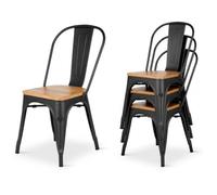 Kosmi - Lot de 4 chaises Style Industriel en métal Noir Mat et Assise en Bois Clair