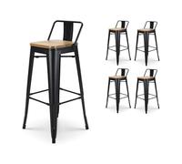Lot de 4 tabourets de bar en métal noir mat style industriel avec dossier et assise en bois clair - Hauteur 76 cm