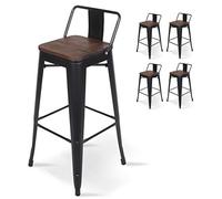 Kosmi - Lot de 4 tabourets de Bar en métal Noir Mat Style Industriel avec Dossier et Assise en Bois foncé - Hauteur 76 cm
