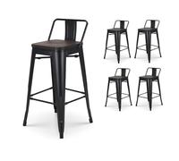 Kosmi - Lot de 4 tabourets de Bar en métal Noir Mat Style Industriel avec Dossier et Assise en Bois foncé - Hauteur 66cm