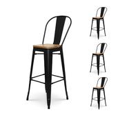 Kosmi - Lot de 4 tabourets de Bar en métal Noir Mat Style Industriel avec Dossier Haut et Assise en Bois Clair - Hauteur 76 cm