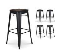 Kosmi - Lot de 4 tabourets de Bar en métal Noir Mat Style Industriel et Assise en Bois foncé - Hauteur 76 cm
