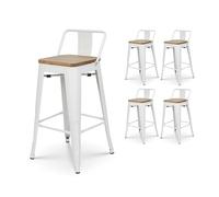 Lot de 4 tabourets en métal blanc mat style industriel avec dossier et assise en bois clair - Hauteur 66cm