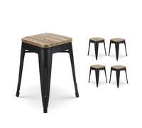Lot de 4 tabourets en métal noir mat style industriel et assise en bois clair - Hauteur 46 cm