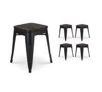 Kosmi Lot de 4 tabourets en métal Noir Mat Style Industriel et Assise en Bois foncé - Hauteur 46 cm