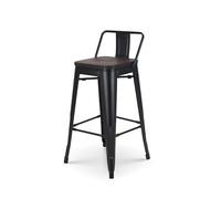 KOSMI - Tabouret de bar en métal noir mat et assise en bois foncé avec dossier - Hauteur assise 66 cm