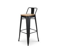 Kosmi Tabouret de Bar en métal Noir Mat Style Industriel avec Dossier et Assise en Bois Clair - Hauteur 76 cm
