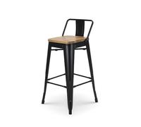 Tabouret de bar en métal noir mat style industriel avec dossier et assise en bois clair - Hauteur 66cm