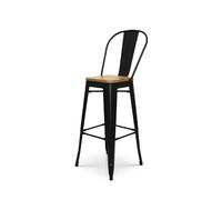 Kosmi Tabouret de Bar en métal Noir Mat Style Industriel avec Dossier Haut et Assise en Bois Clair - Hauteur 76 cm