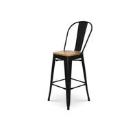 KOSMI - Tabouret de bar en métal noir mat style industriel avec dossier haut et assise en bois clair - Hauteur 66cm