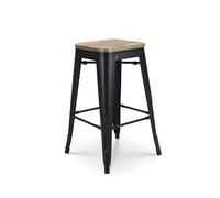 Kosmi Tabouret de Bar en métal Noir Mat Style Industriel et Assise en Bois Clair - Hauteur 66 cm