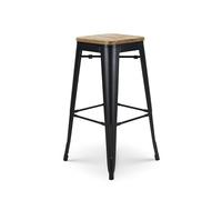 Kosmi Tabouret de Bar en métal Noir Mat Style Industriel et Assise en Bois Clair - Hauteur 76 cm