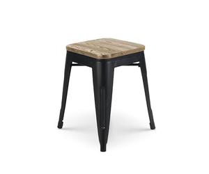 Kosmi Tabouret en métal Noir Mat Style Industriel et Assise en Bois Clair - sans Dossier - Hauteur 46 cm