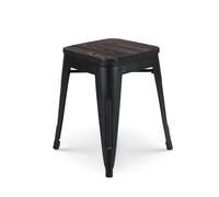 Kosmi Tabouret en métal Noir Mat Style Industriel et Assise en Bois foncé - sans Dossier - Hauteur 46 cm