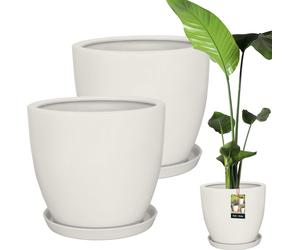 KOTARBAU® Lot de 2 pots de fleurs avec soucoupes Blanc ⌀ 38 cm Hauteur : 33 cm Pot de fleurs en céramique émaillée Grande céramique Pot de fleurs Pot pour cactus avec soucoupe Cache-pot avec soucoupe 