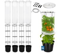 KOTARBAU® Lot de 4 tuteurs pour tomates avec film plastique, H : 153 cm, avec cloche à tomates ⌀ 40 cm, jardinière à tomates, pot de fleurs, serre avec échelle, noir