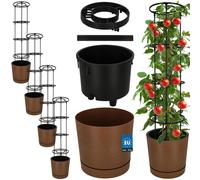 KOTARBAU® : Lot de 4 pots de culture pour tomates, diamètre 29 cm, pots de fleurs avec support de croissance pour plantes grimpantes, tour de tomates de 108 cm, en plastique marron, robustes et durabl