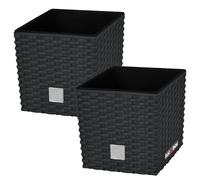 KOTARBAU® Pot de Fleur Exterieur 20 x 20 cm, avec Insert Intérieur | Lot de 2, Pot Plastique Plante 6,8 L, Pot de Fleur Carré, Aspect Rotin, Anthracite