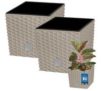 KOTARBAU® Pot de Fleur Exterieur 20 x 20 cm, avec Insert Intérieur | Lot de 2, Pot Plastique Plante 6,8 L, Pot de Fleur Carré, Aspect Rotin, Moka