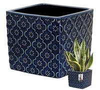 KOTARBAU® Pot De Fleurs Carré Bleu Cobalt Vintage De 13x13 cm en Céramique Émaillée|Pot en Céramique Bleu Cobalt|Cache-Fleur en Céramique Émaillée|Pot De Fleurs avec Finition Brillante