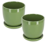 KOTARBAU - Pot de fleurs en céramique avec sous-plat anti-goutte pour plantes, diamètre de 17 cm, couleur vert, lot de 2