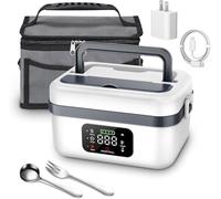Kouamor Boîte à déjeuner électrique, portable, avec batterie, 16000 mAh, pour les déplacements, 1 l, avec sac isotherme, fourchette, cuillère et plateau de séparation amovible, blanche