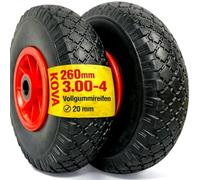 KOVA Lot de 2 roues de diable entièrement en caoutchouc PU - 260 x 75 mm - Diamètre du moyeu : 20 x 75 mm - 3,00-4 - Rouge