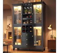 kowdom Armoire à vin noire avec application LED, porte-verres à vin et porte-bouteilles, 3 tiroirs, buffet pour cuisine, armoire de bar, 120 x 181 cm