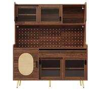 kowdom Buffet marron avec 5 portes et façades en verre inondées, barre lumineuse LED, plaque perforée, style maison de campagne, 145 x 171 cm
