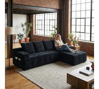 kowdom Canapé d'angle en forme de L avec chaise réversible, canapé modulaire Cloud en velours côtelé avec poche latérale et 2 porte-gobelets, sans montage, mousse haute densité pour salon, noir