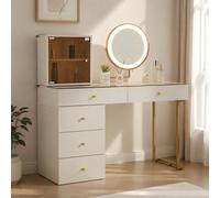 kowdom Ensemble de coiffeuse avec miroir LED, armoire latérale et plateau en verre trempé - Éclairage à intensité variable 3 couleurs, bordure dorée moderne, blanc, 120 x 45 x 115 cm