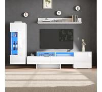 kowdom Ensemble mural TV 3 pièces avec meuble TV et meuble mural, blanc | Éclairage LED contrôlable par application, façades brillantes et espace de rangement flexible avec tiroirs et étagères en