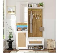 kowdom Garde-robe avec LED et miroir - Penderie de couloir avec 3 portes aspect rotin, armoire à chaussures et banc, 6 crochets dorés, penderie avec LED APP 16 couleurs, 110 x 38 x 190 cm, blanc/bois