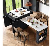 kowdom Îlot de cuisine sur pied avec table à manger extensible (133-202 cm), table de bar avec espace de rangement, armoire de cuisine avec 2 tiroirs et 4 compartiments, étagère à épices, chariot de