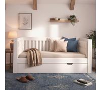 kowdom Lit de jour 90 x 200 cm blanc - avec lit gigogne et sommier à lattes, lit d'appoint en bois de pin, lit d'invité peu encombrant, petits appartements, charge de 150 kg