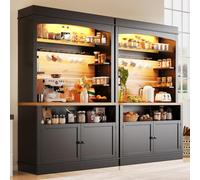 kowdom Lot de 2 armoires hautes de cuisine (107 x 43 x 184 cm) avec éclairage LED - Vitrine, buffet, étagère ouverte, barre de crochets, protection anti-basculement, noir (MDF, métal)