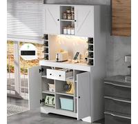 kowdom Meuble Cuisine Blanc 180x105x40 cm, LED, Rangement, étagères | Buffet haut avec LED, étagères réglables, tiroir, porte-verres inox et casiers à bouteilles - rangement spacieux.